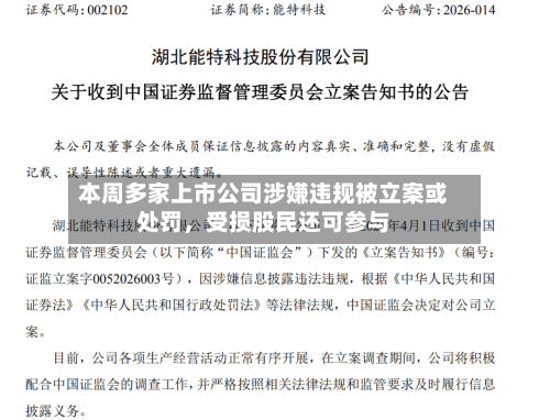 本周多家上市公司涉嫌违规被立案或处罚，受损股民还可参与